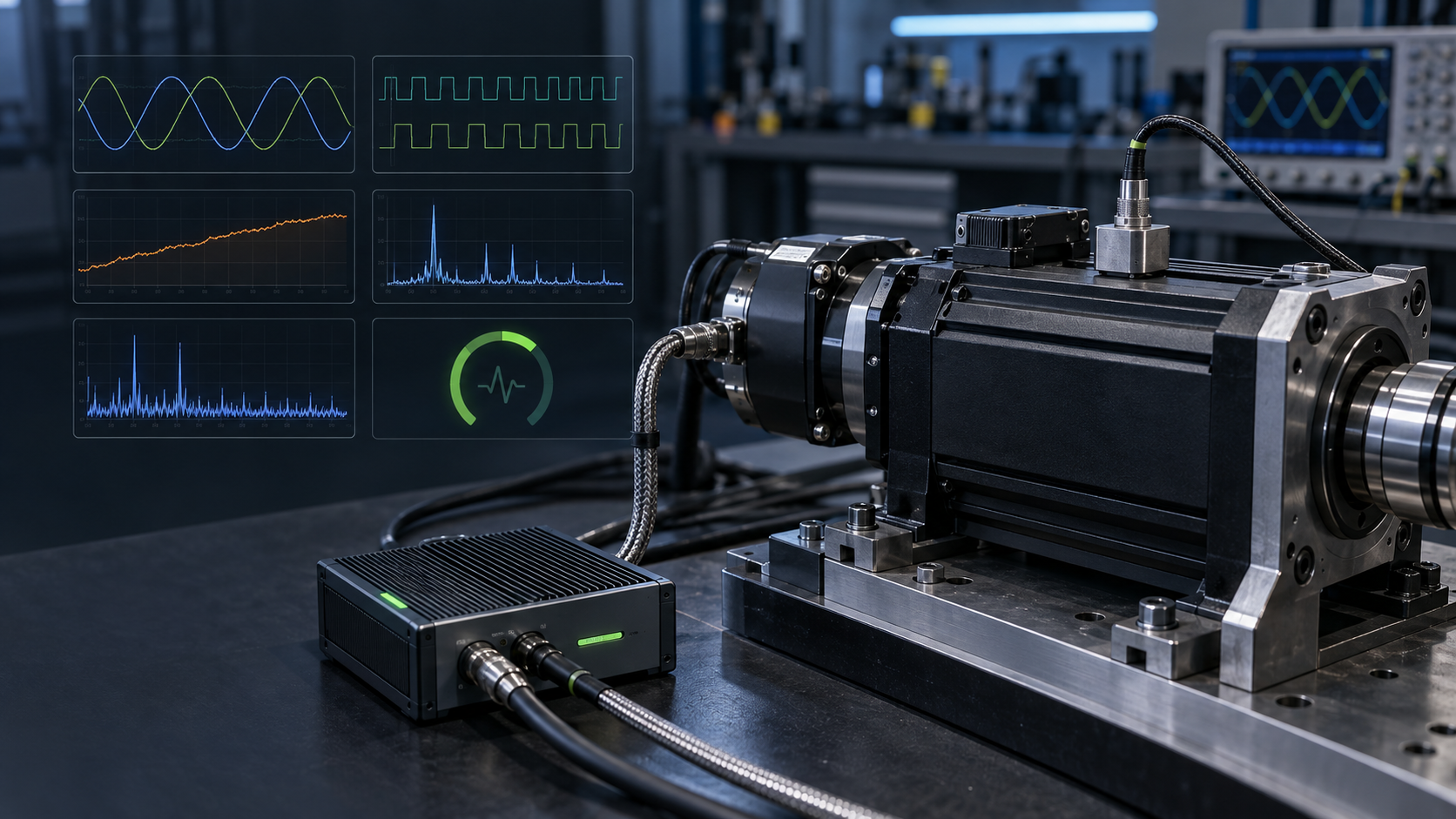 Simulação conceitual do UNISON monitorando servomotor, encoder e sinais