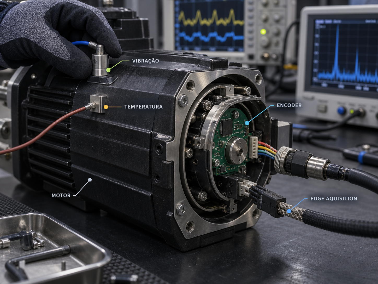 Detalhe conceitual do sensor físico e do encoder no servomotor