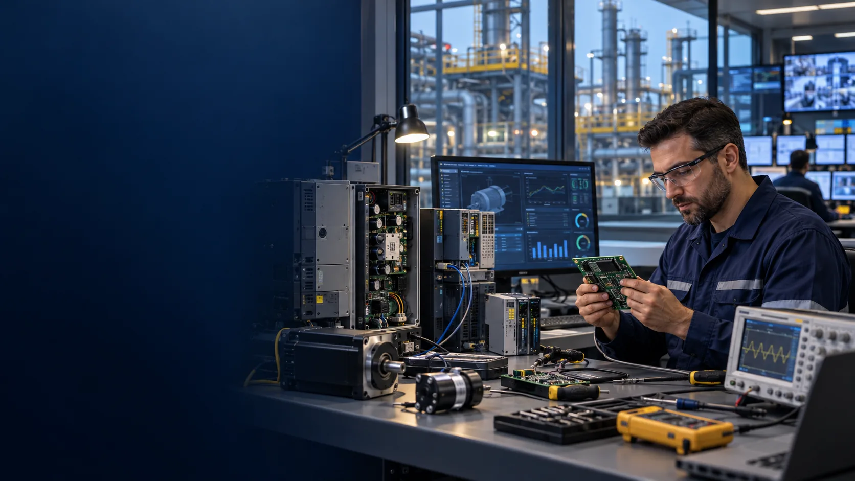 Engenheiro eletrônico industrial analisando inversor, CLP, servomotor e placa eletrônica em laboratório de manutenção